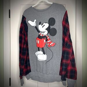 Upcycled Mickey Mouse Sweatshirt with Flannel Sleeves Very Oversized Reworked